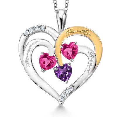 1.62 Ct Heart Shape Pink Created Sapphire Rhodium Plated Pendant with Chain