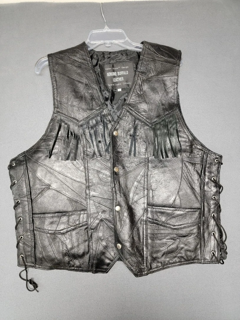 ITALIAN STONE~Genuine Buffalo LEATHER~ 3X BLACK Snap Vest Side Lace Fringe Biker