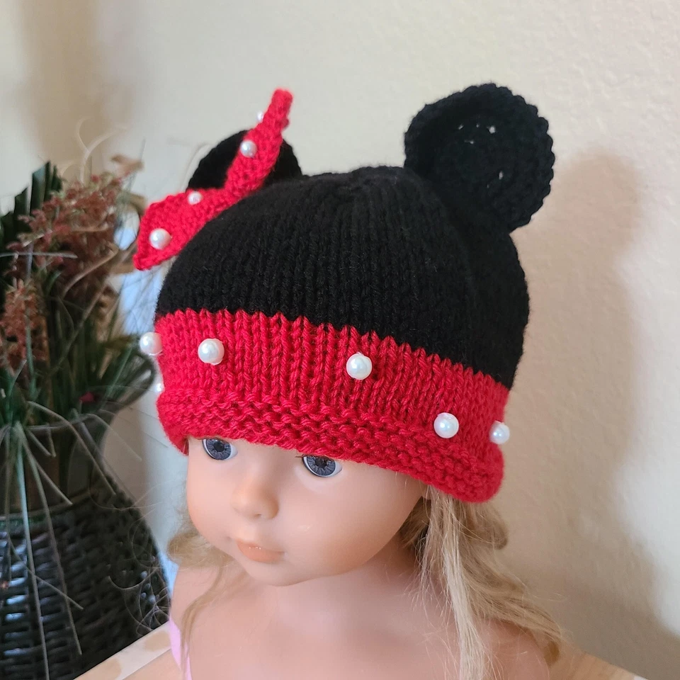 Sombrero tejido para niña con temática de Minnie Mouse rojo y negro 3-6M, imprescindible para foto Foto 4 de 4