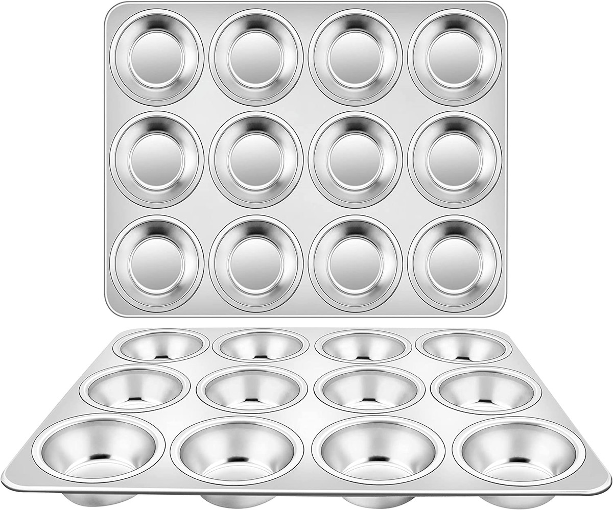 Muffin Pan Set of 2 Stainless Steel Cupcake Tin Pans with 12 Regular Size  Cups