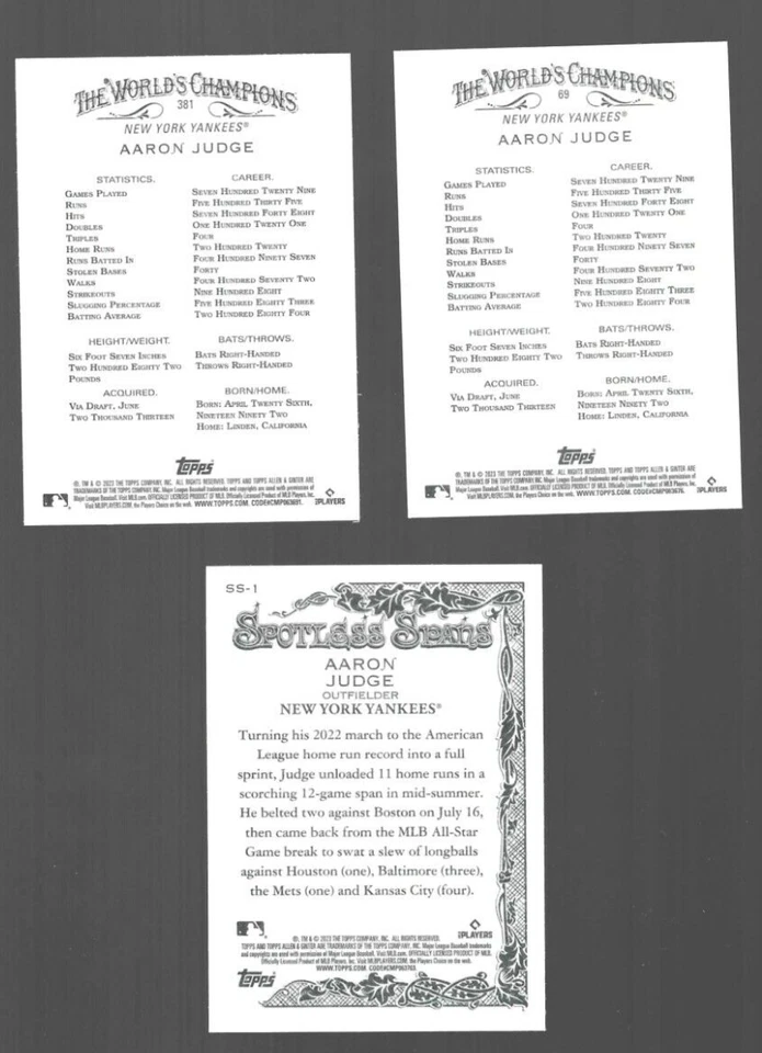 AARON JUDGE 2023 Topps Allen & Ginter BASE 69 HIGH SP 381 SPOTLESS SPANS SS1 - Image 2 of 2