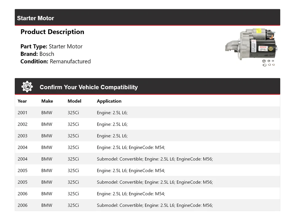 Arranque Bosch para BMW 325Ci 2001-2006 2,5 L L6 (remanufacturado) 2002 2003 2004 Foto 2 de 4