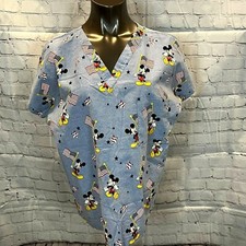 Sassy Scrubs Medium Blue Mickey Mouse Flag Stars Patriotic Scrub Top