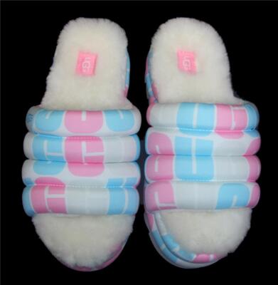 UGG Pride Slide Pastel Pink Blue Plush Real Fur Slip-on Slippers Sandals  Wm's