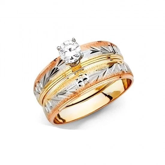 14k Tri Color Gold Leaves Trio Wedding Band Bridal Solitaire Engagement Ring Set