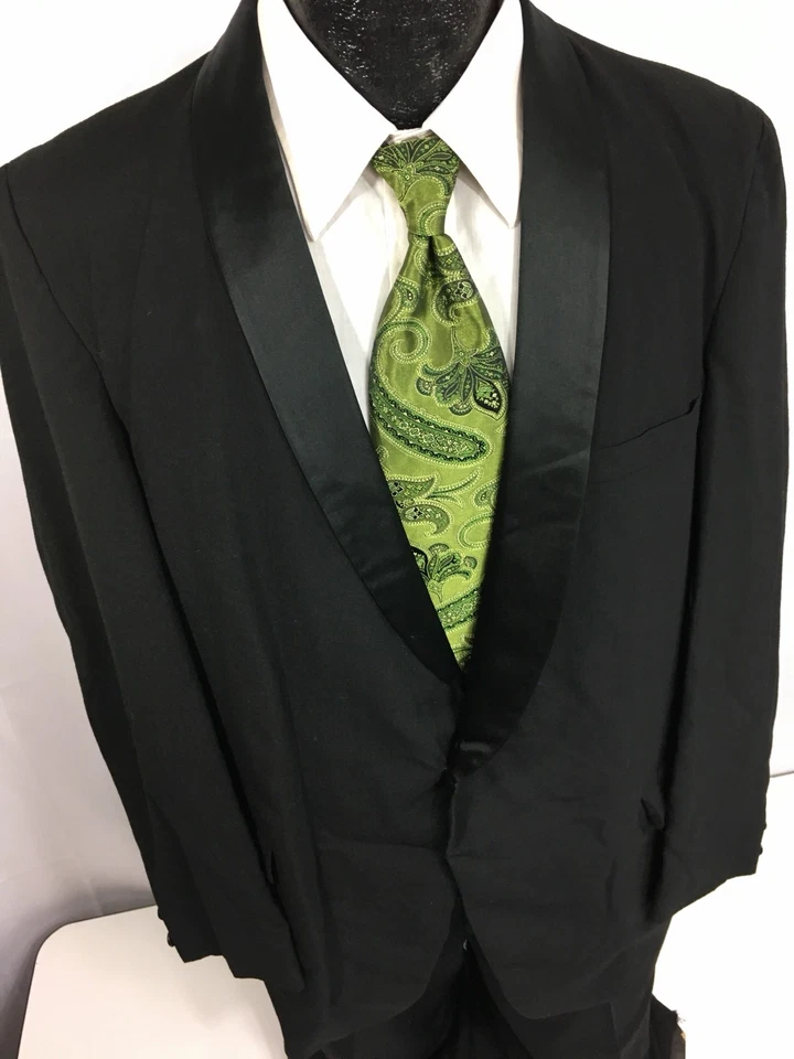 Vtg 50's Black ROCKABILLY Tux SILK Shawl Collar Wool Tuxedo SMOKING PROM Suit 42 - Image 3 of 4