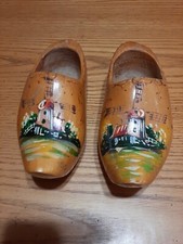 Vintage Pair Of Wooden Small Clogs Shoes Hand Painted Holland 6" 1952