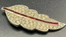 1920s Art Deco Antique Pot Metal Paste Dress Scarf Shoe Clip Leaf Red Filigree