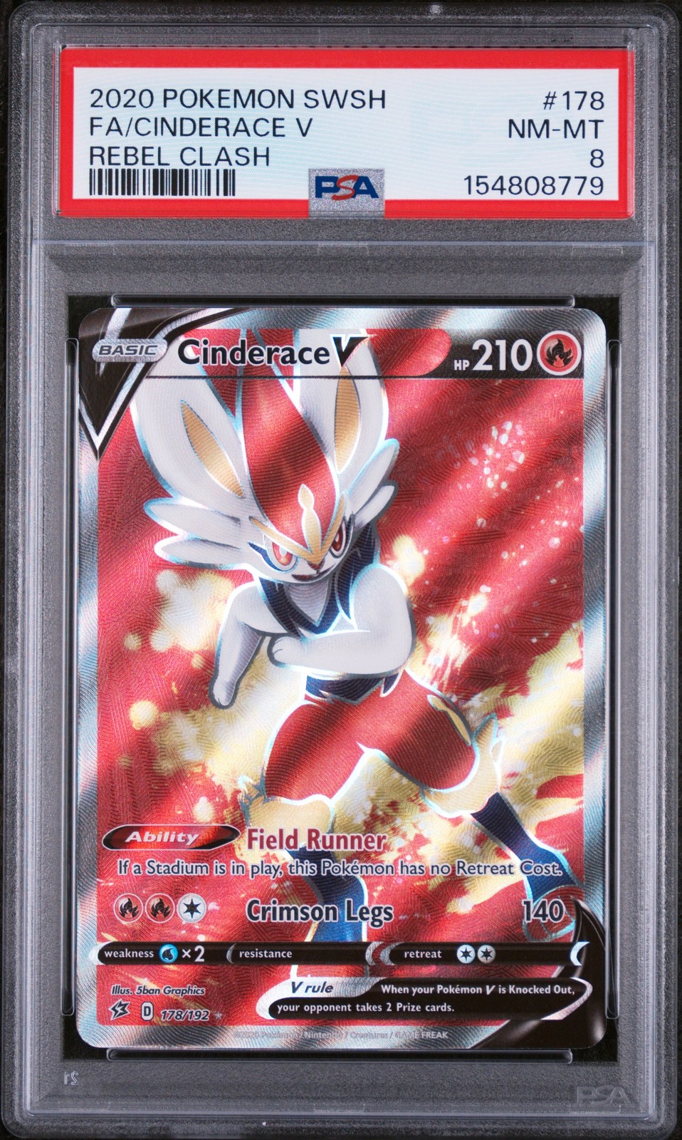 2020 POKEMON SWORD & SHIELD REBEL CLASH #178 FULL ART/CINDERACE V PSA 8