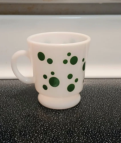 Vintage Hazel Atlas Green Poka Dot Milk Glass Cup 1950's MCM Kitchen 3"T "Mint"