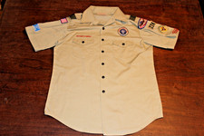 Boy Scouts of America BSA Men's Shirt Tan Large Sewn Patches Short Sleeve