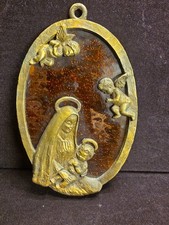 Vtg Amber Textured Glass Metal Mary & Jesus H...