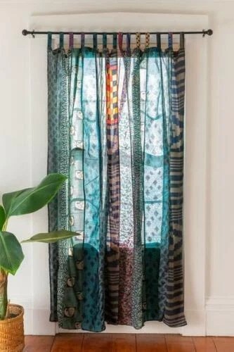 Boho Indian Silk Sari Curtain Vintage Window Panel Bohemian Bedroom Living Room - Picture 3 of 12