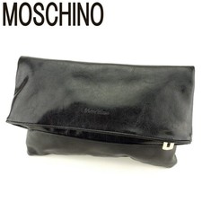 MOSCHINO Leather Clutch Bag Black Gold Logo Vintage T9392 Pre-Owned