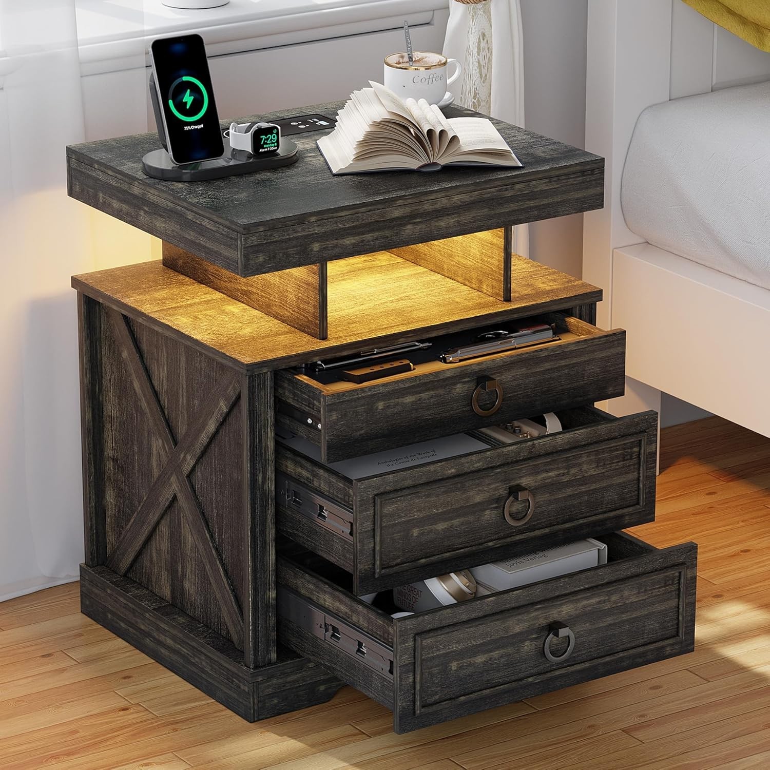 With Gun Drawers- End Table With Charging Station & Led Lights