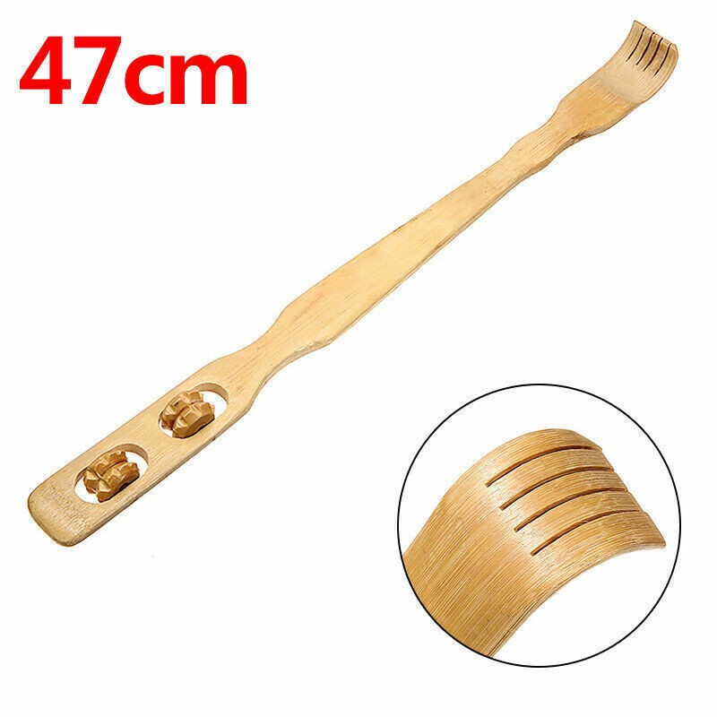 Rückenkratzer Holz Bambus Kratzhand Hilfe Kratzbürste Massage Rollen 47cm