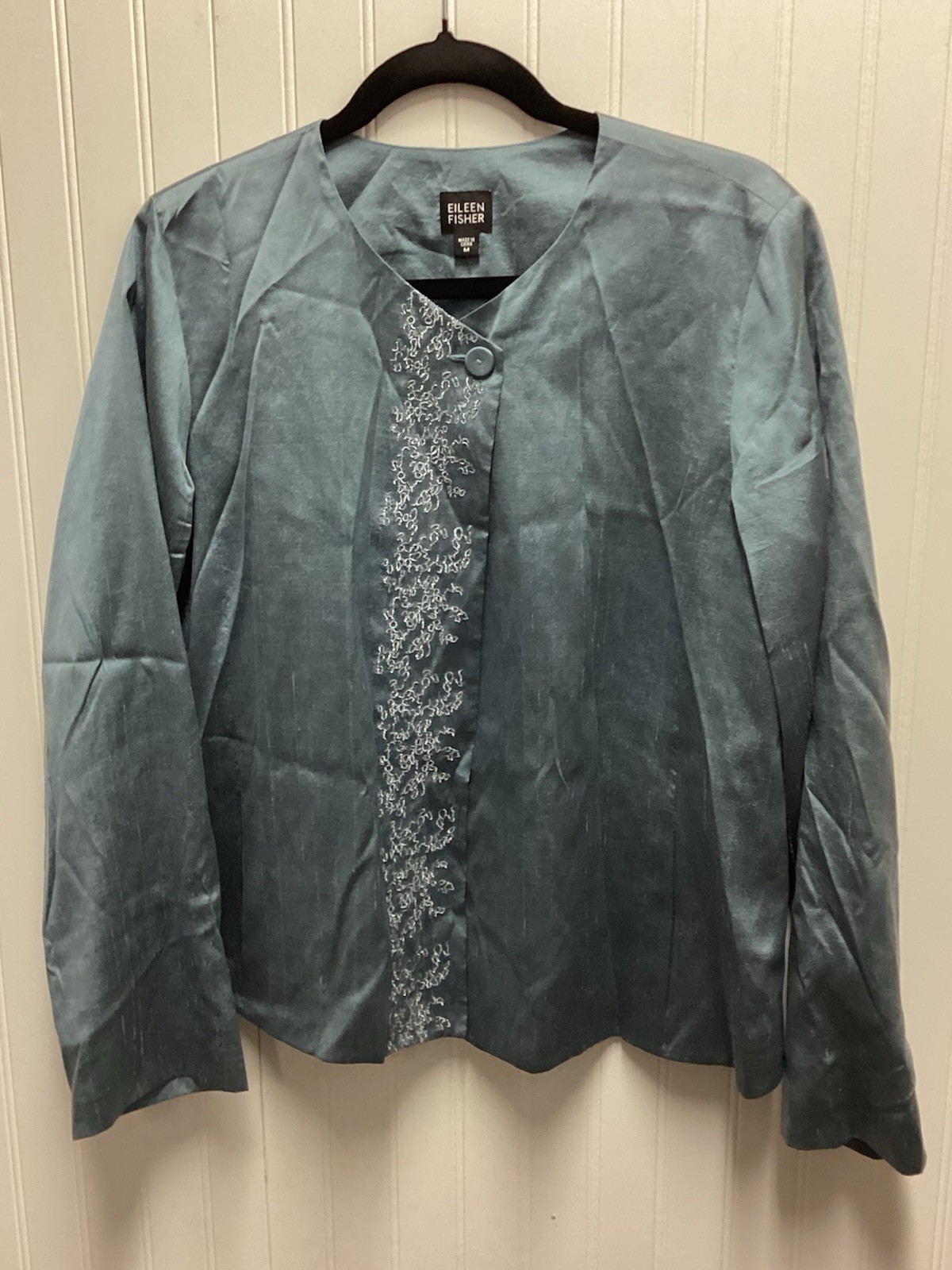 Eileen Fisher Blue Silk Embroidered Jacket Blazer Shale Blue Iridescent Sz M