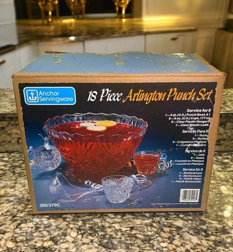 Vintage Anchor Hocking Arlington Punch Bowl Set Includes 8 Cups Ladle And Hooks