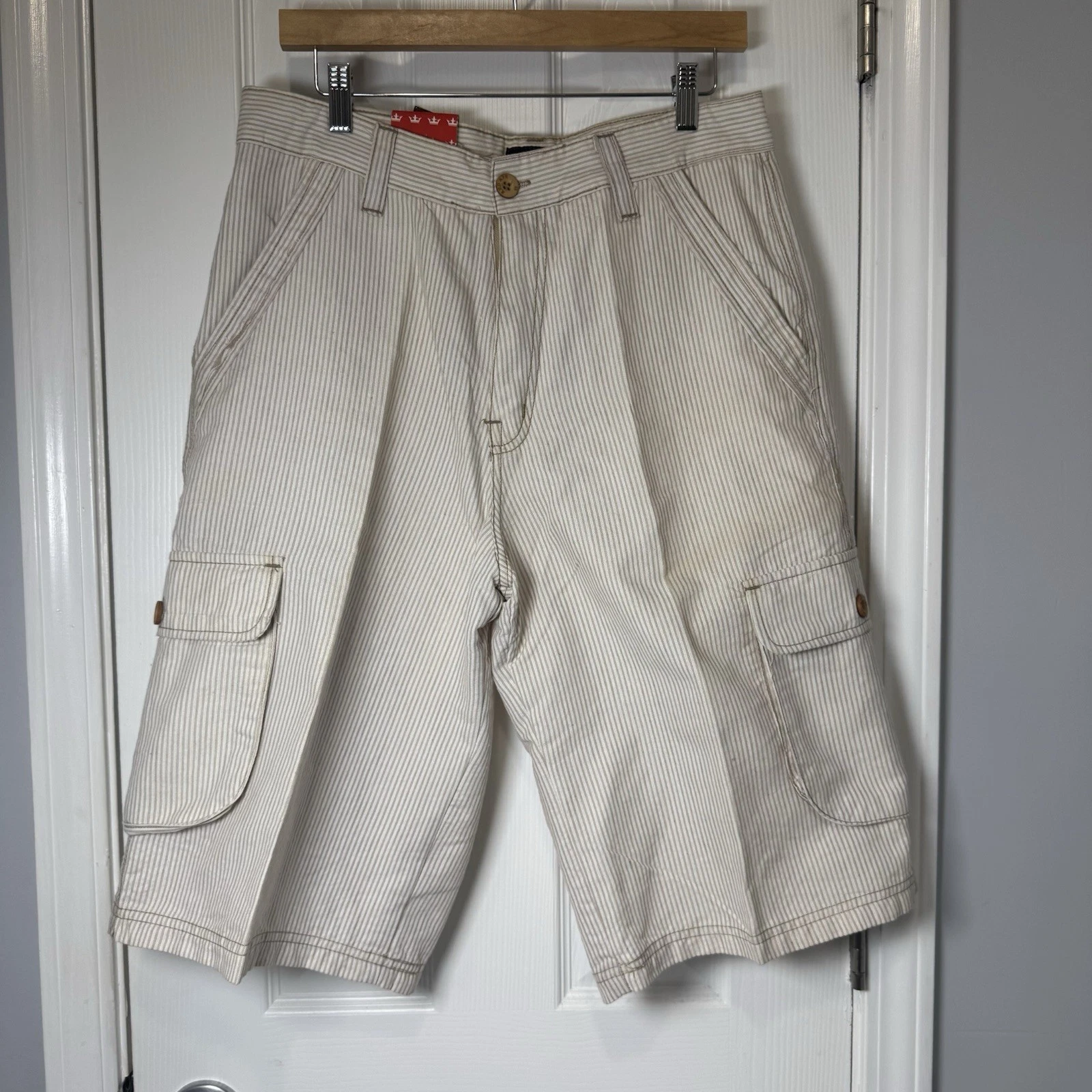 New Red Ape Cargo Shorts Men's Size 32 Y2K 90's Hip Hop 14” Tan White Stripe