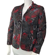 Chicos Womens Size 1 US 8 Med Jacket Textured Brocade Floral Abstract Open Front