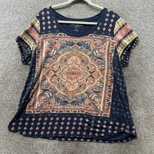 Lucky Brand Womens 1X Navy Blue Mandala Medallion Boho Top Festival Peasant Art