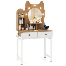 Small Vanity Desk with Mirror and Lights Cute Kitty Makeup Table w/Power Outlets