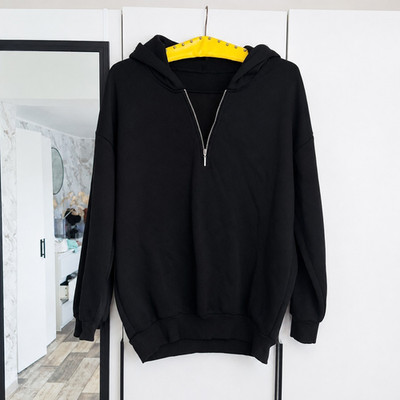 Damen Kapuzenpullover Oversize Schwarz Gr. L Half-Zip Reißverschluss Langarm