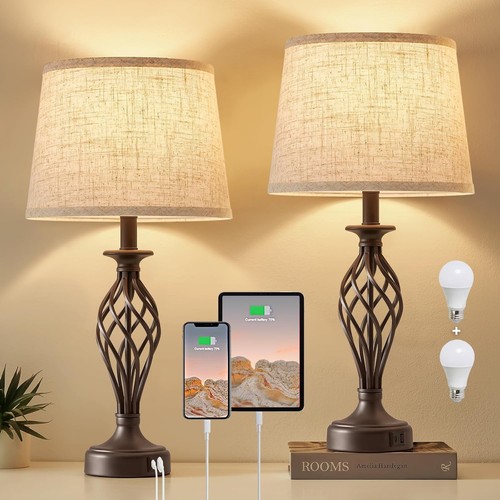 Table Lamp for Bedroom Set of 2 with USB C+A Ports - Modern Brown Bedside Lamps