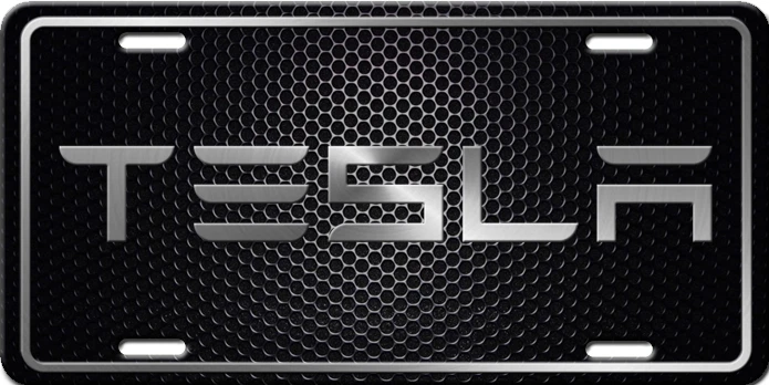 TESLA Logo Faux Emblem  Aluminum Vanity License Plate Silver and Black - Picture 1 of 10