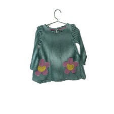Mini Boden Size 3-4 Girls Shirt Green White Stripes, Flower Pockets