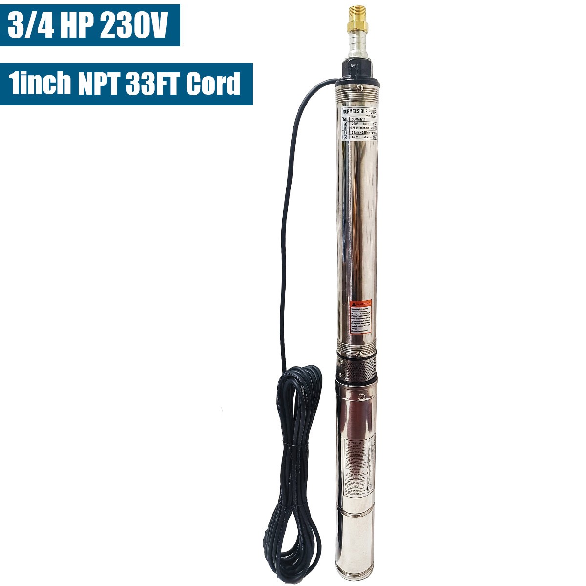 3" OD 3/4 HP Deep Well Submersible Pump 220V 13 GPM 247 ft MAX 60Hz 1 in NPT