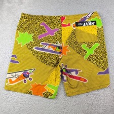 Vintage Jams World Shorts Mens L Yellow Airplanes Surf Line Pull On Swim Beach