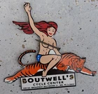 VINTAGE BOUTWELL’S CYCLE CENTER 9” PORCELAIN  MOTORCYCLE DEALER PINUP HARLEY