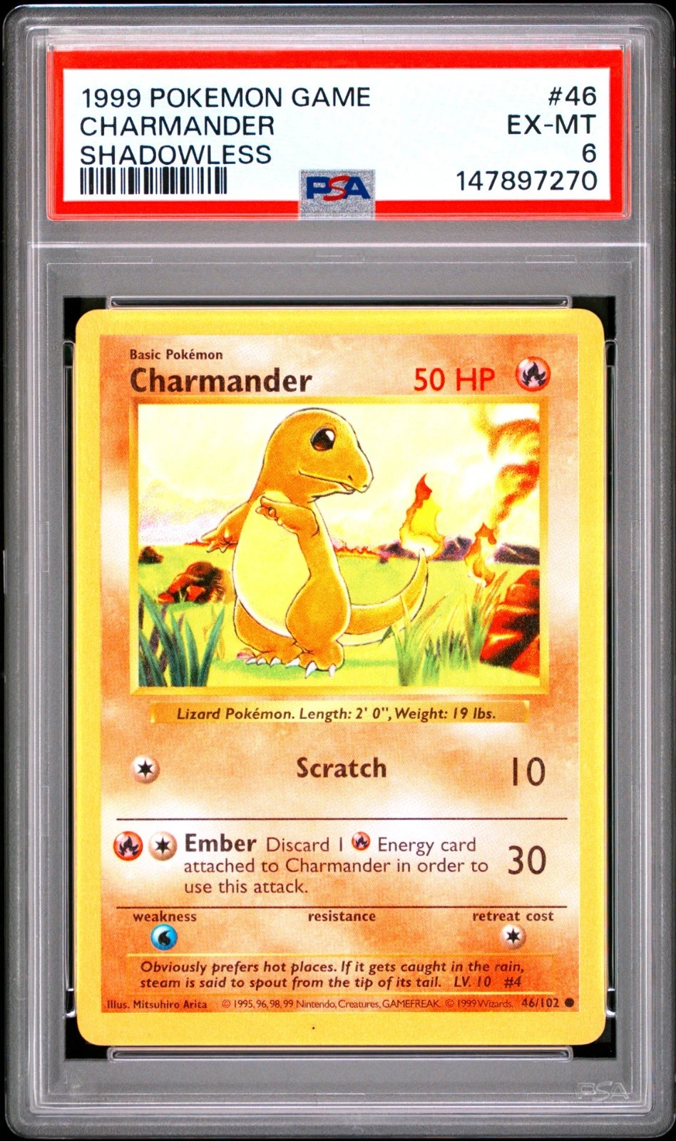 1999 POKEMON GAME BASE SET CHARMANDER SHADOWLESS #46 PSA 6