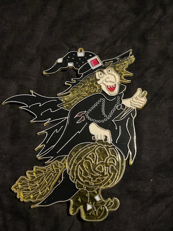 Plastic Hanging Window Decor Stained Glass Effect Halloween Witch On Broom