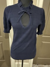 Loft Short Sleeve Sweater Navy Size XS Ruffled Tie Neckline 100 Cotton