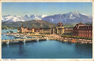 Luzern Bahnhof Switzerland Vintage Postcard Snow Alps Lake Lucerne 1910s Posted