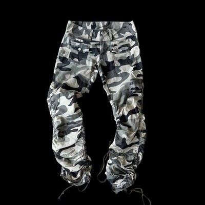 Younique Y2K Camo Cargo Pants Grey Stacked Ruched Leg Drawstring Sz 27.5W