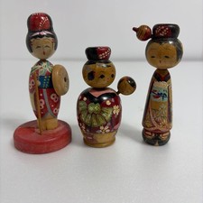 Japanese Mini Kokeshi Doll Lot of 3 Hand Painted Kimono Wooden Collectible 15+