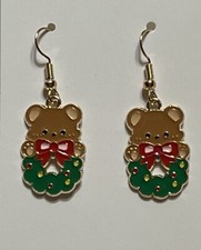 Hello Kitty Teddy Bear Christmas Enamel Gold Drop Dangle Adorable Earring Set