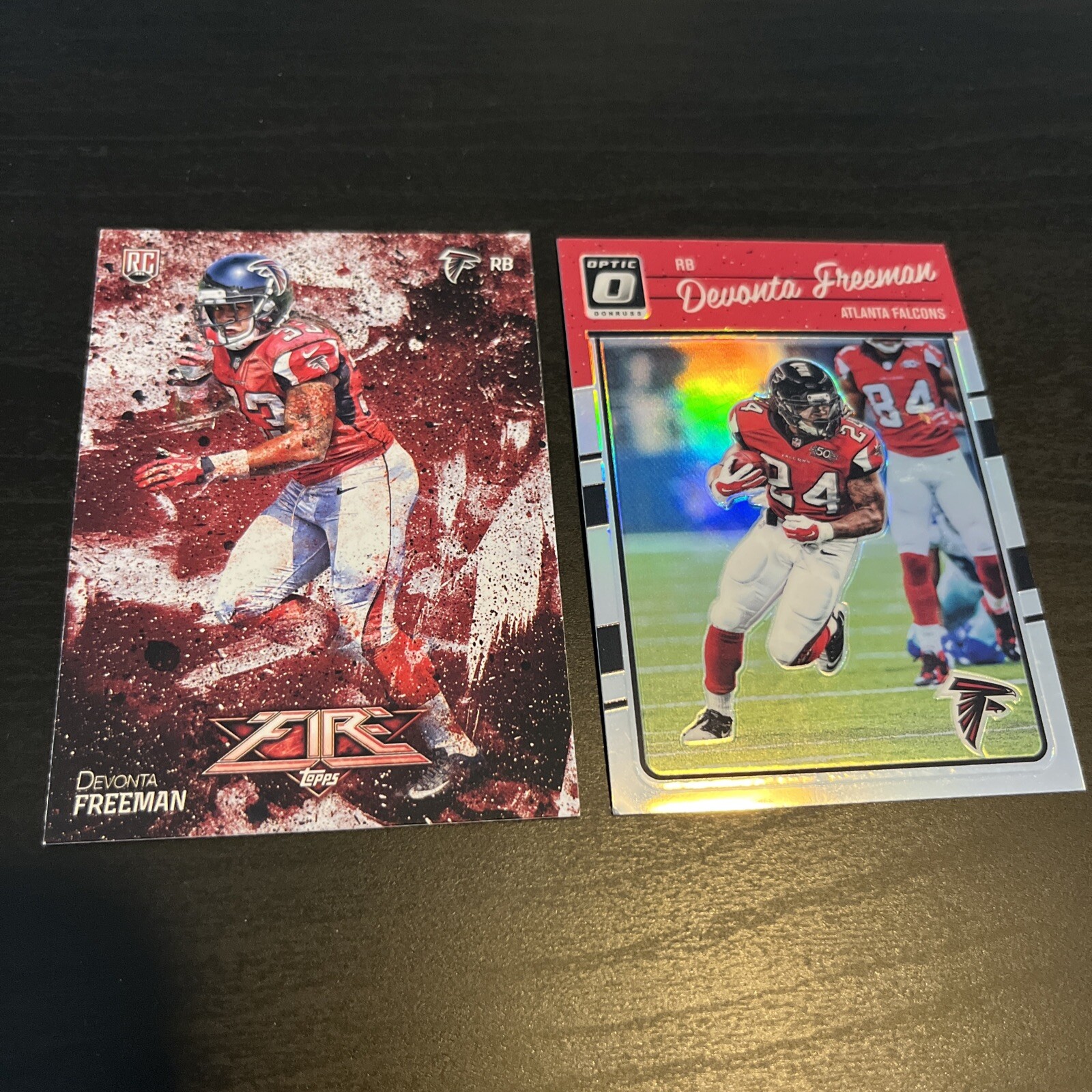 DEVONTA FREEMAN 2014 Topps Fire RC ROOKIE #147 & 2016 Optic SILVER #5 Cards (d3)