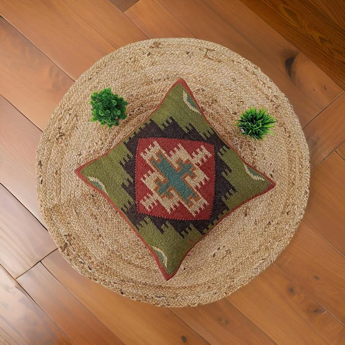 04PC Set Indian Handmade Throw Pillow Kilim Rugs Wool Jute 18" X 18"Pillow Cover - Picture 3 of 4