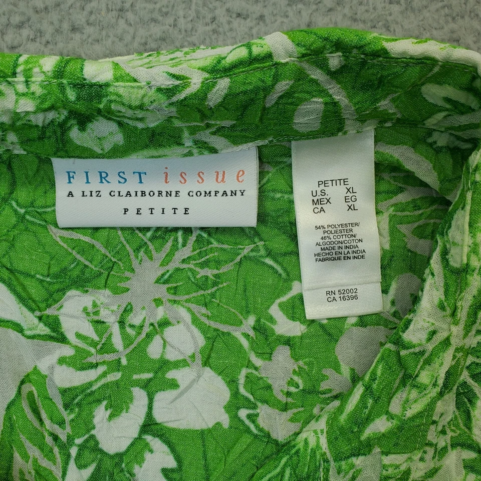 First Issue 衬衫女式 Petite XL 绿色夏威夷领菠萝纽扣 — 第 3/4 张图片