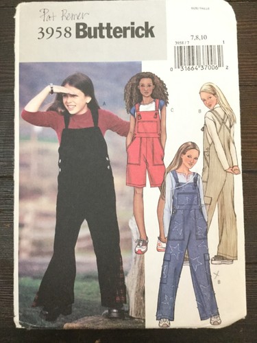 Butterick 3958 Girls Overalls Short or Long Loose-fitting Size 7-10 Uncut - Picture 2 of 5