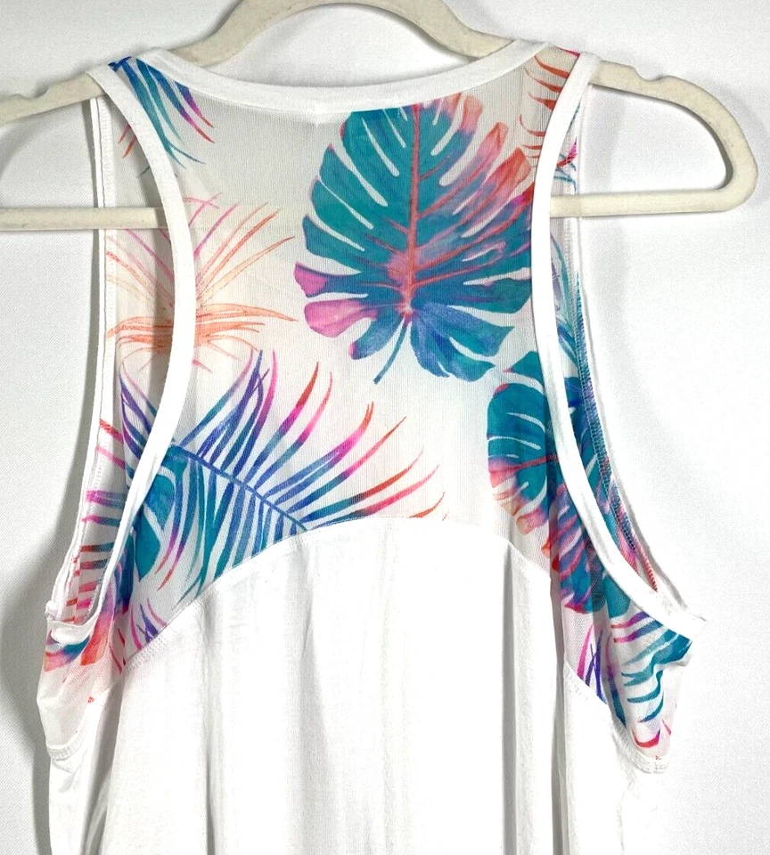 Camiseta sin mangas ROSA súper suave para mujer blanca multicolor malla detalle tropical talla M Foto 4 de 4