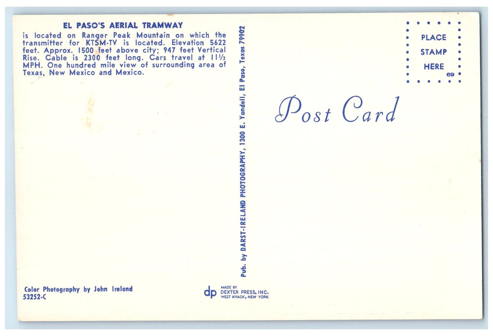 c1960's El Paso's Ranger Peak Aerial Tramway El Paso Texas TE Unposted Postcard eBay