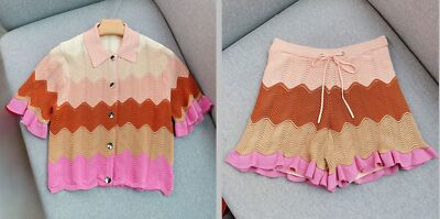 Sandro Collared Contrasting Knit Cardigan / Draw String Short for Women