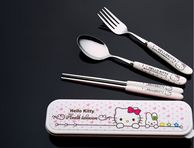 HELLO KITTY UTENSILS SET FORK, SPOON, CHOPSTICK & POUCH, Free Shipping New