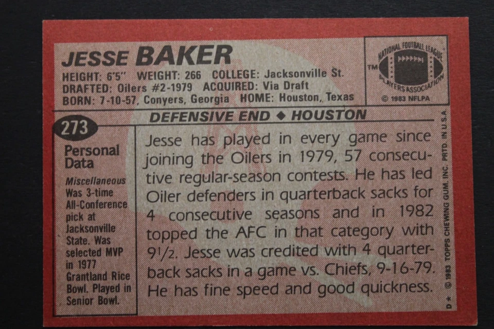 Jesse Baker (d.1999) Houston Oilers Autographed 1983 Topps Signed Card #273 - Image 2 of 3