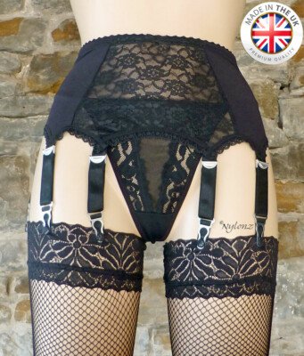 Black Suspenders 10-Strap Luxury Suspender Belt (Garter Belt) - Black  Nylon/Lycra, Made In UK, Sizes XS-XXL Womens Garter Belt Lingerie